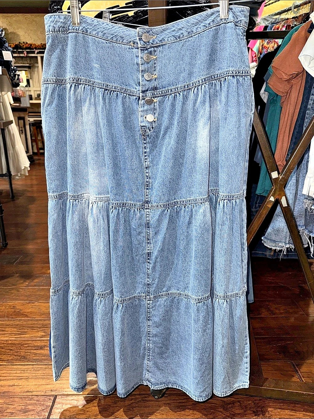 Women's Tiered Denim Maxi Skirt in Blue